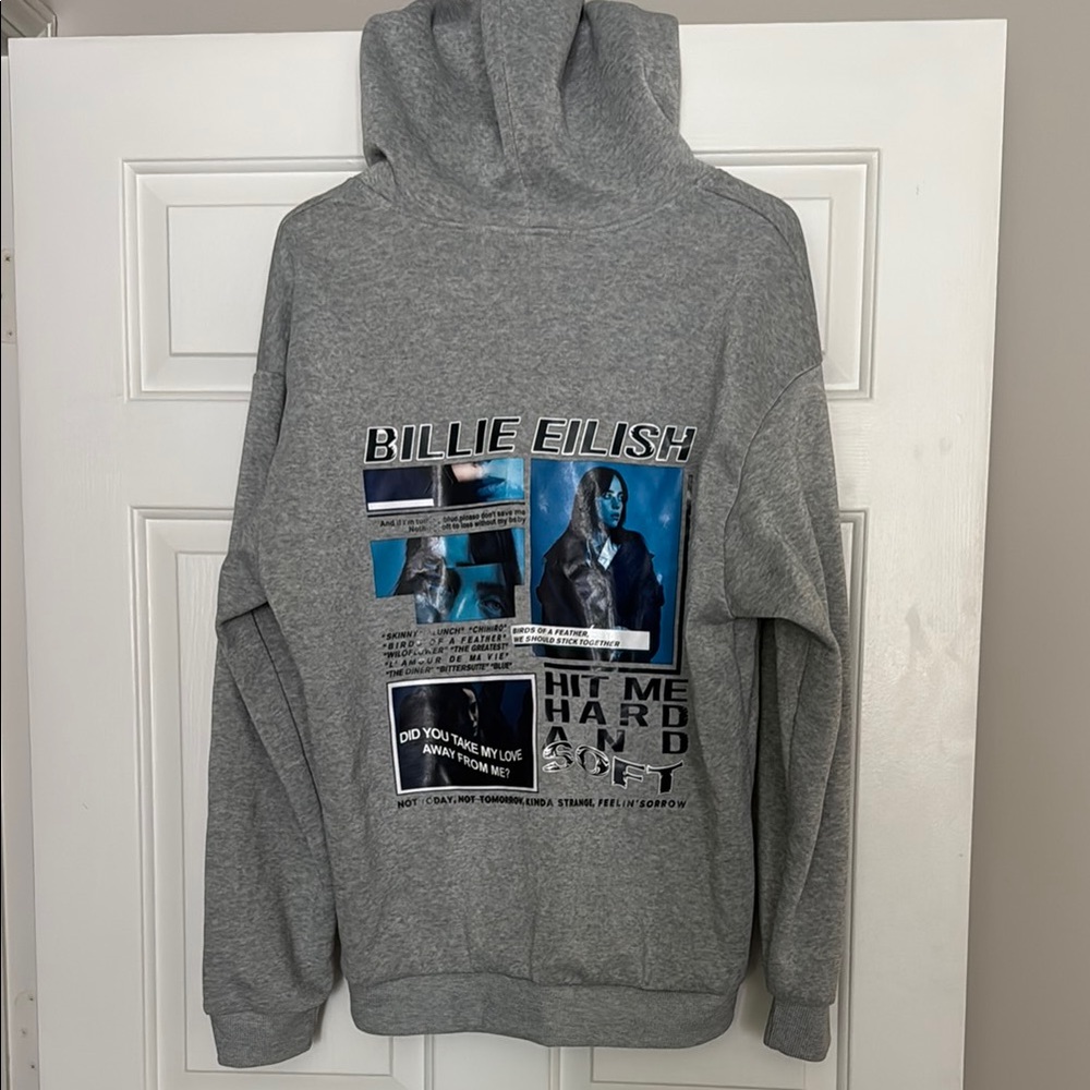Gray Billie Eilish Graphic Hoodie with Blue Accents